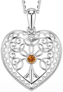 Citrine Silver Celtic Tree of Life Heart Necklace