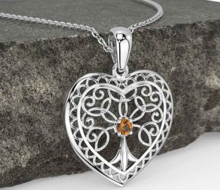 Citrine Silver Celtic Tree of Life Heart Necklace