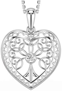 Diamond Silver Celtic Tree of Life Heart Necklace