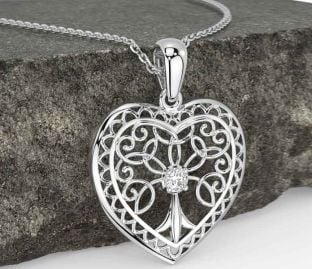 Diamond Silver Celtic Tree of Life Heart Necklace