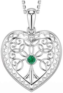 Emerald Silver Celtic Tree of Life Heart Necklace