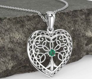 Emerald Silver Celtic Tree of Life Heart Necklace