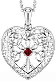 Garnet Silver Celtic Tree of Life Heart Necklace