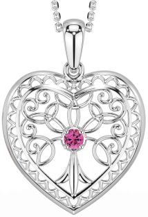 Pink Tourmaline Silver Celtic Tree of Life Heart Necklace