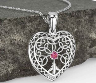 Pink Tourmaline Silver Celtic Tree of Life Heart Necklace