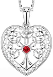 Ruby Silver Celtic Tree of Life Heart Necklace