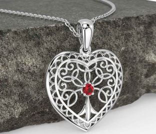 Ruby Silver Celtic Tree of Life Heart Necklace