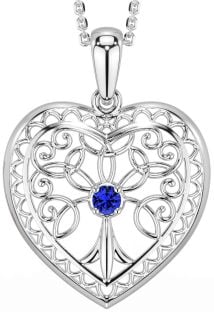 Sapphire Silver Celtic Tree of Life Heart Necklace