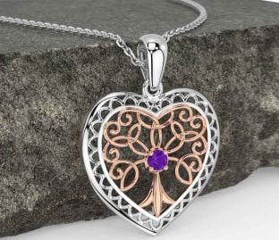 Amethyst Rose Gold Silver Celtic Tree of Life Heart Necklace