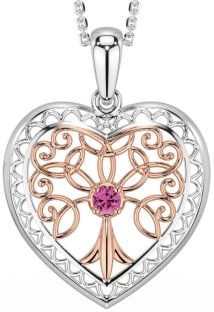 Pink Tourmaline Rose Gold Silver Celtic Tree of Life Heart Necklace