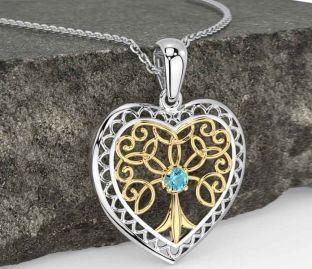 Aquamarine Gold Silver Celtic Tree of Life Heart Necklace