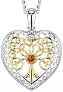 Citrine Gold Silver Celtic Tree of Life Heart Necklace
