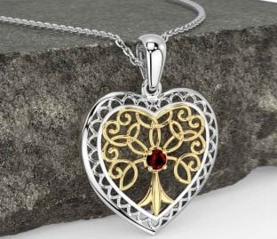 Granate Oro Plata céltico Árbol de Vida Corazón Collar