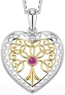 Pink Tourmaline Gold Silver Celtic Tree of Life Heart Necklace