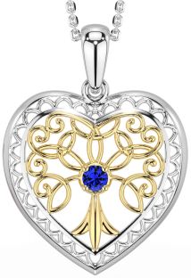 Sapphire Gold Silver Celtic Tree of Life Heart Necklace