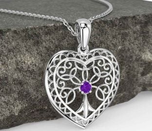 Amethyst White Gold Celtic Tree of Life Heart Necklace