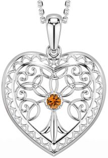 Citrine White Gold Celtic Tree of Life Heart Necklace