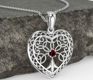 Garnet White Gold Celtic Tree of Life Heart Necklace