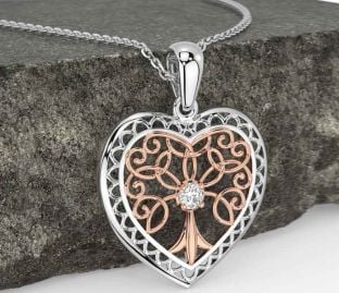 Diamond White Rose Gold Celtic Tree of Life Heart Necklace