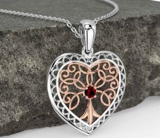 Garnet White Rose Gold Celtic Tree of Life Heart Necklace