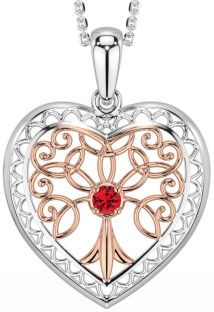 Ruby White Rose Gold Celtic Tree of Life Heart Necklace