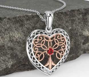 Ruby White Rose Gold Celtic Tree of Life Heart Necklace