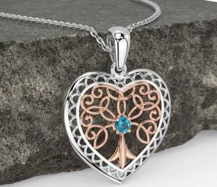 Topaz White Rose Gold Celtic Tree of Life Heart Necklace