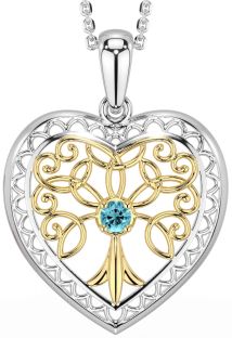 Aquamarine White Yellow Gold Celtic Tree of Life Heart Necklace