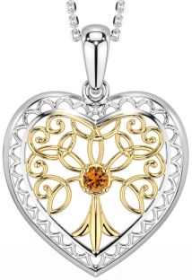Citrine White Yellow Gold Celtic Tree of Life Heart Necklace