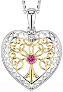 Pink Tourmaline White Yellow Gold Celtic Tree of Life Heart Necklace