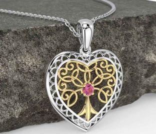 Pink Tourmaline White Yellow Gold Celtic Tree of Life Heart Necklace