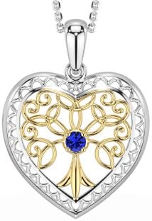 Sapphire White Yellow Gold Celtic Tree of Life Heart Necklace