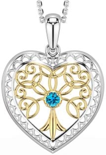 Topaz White Yellow Gold Celtic Tree of Life Heart Necklace
