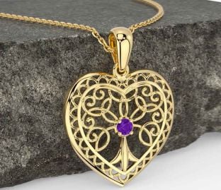 Amethyst Gold Celtic Tree of Life Heart Necklace