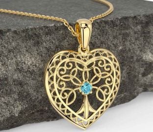 Aquamarine Gold Celtic Tree of Life Heart Necklace