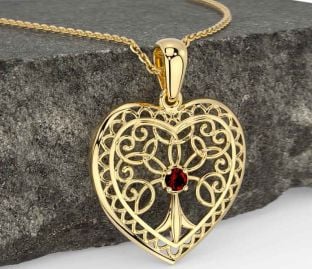 Garnet Gold Celtic Tree of Life Heart Necklace
