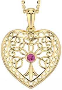 Pink Tourmaline Gold Celtic Tree of Life Heart Necklace