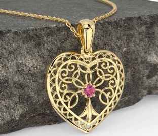 Pink Tourmaline Gold Celtic Tree of Life Heart Necklace