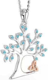 Aquamarine Rose Gold Silver Celtic Tree of Life Trinity Knot Necklace