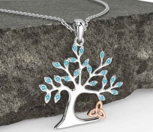 Aquamarine Rose Gold Silver Celtic Tree of Life Trinity Knot Necklace