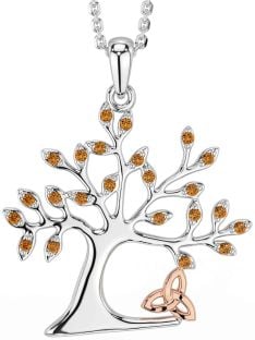 Citrine Rose Gold Silver Celtic Tree of Life Trinity Knot Necklace