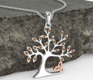 Citrine Rose Gold Silver Celtic Tree of Life Trinity Knot Necklace