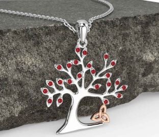 Ruby Rose Gold Silver Celtic Tree of Life Trinity Knot Necklace