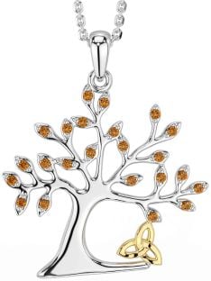 Citrine Gold Silver Celtic Tree of Life Trinity Knot Necklace