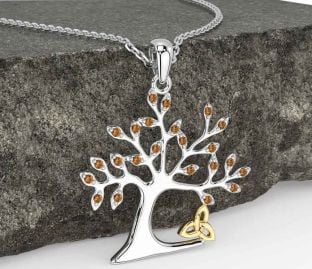 Citrine Gold Silver Celtic Tree of Life Trinity Knot Necklace