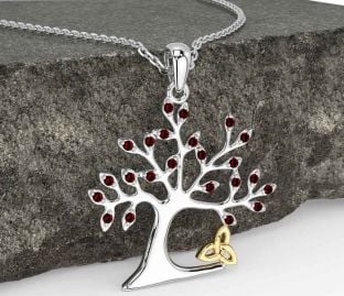 Garnet Gold Silver Celtic Tree of Life Trinity Knot Necklace