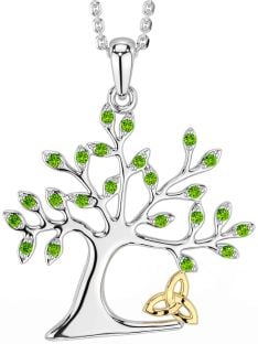 Peridot Gold Silver Celtic Tree of Life Trinity Knot Necklace