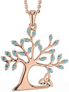 Aquamarine Rose Gold Silver Celtic Tree of Life Trinity Knot Necklace