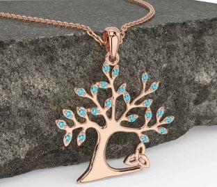 Aquamarine Rose Gold Silver Celtic Tree of Life Trinity Knot Necklace
