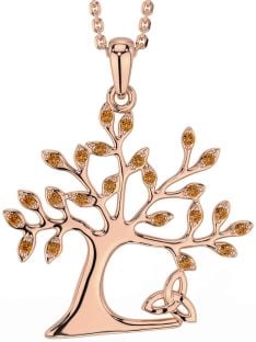 Citrine Rose Gold Silver Celtic Tree of Life Trinity Knot Necklace